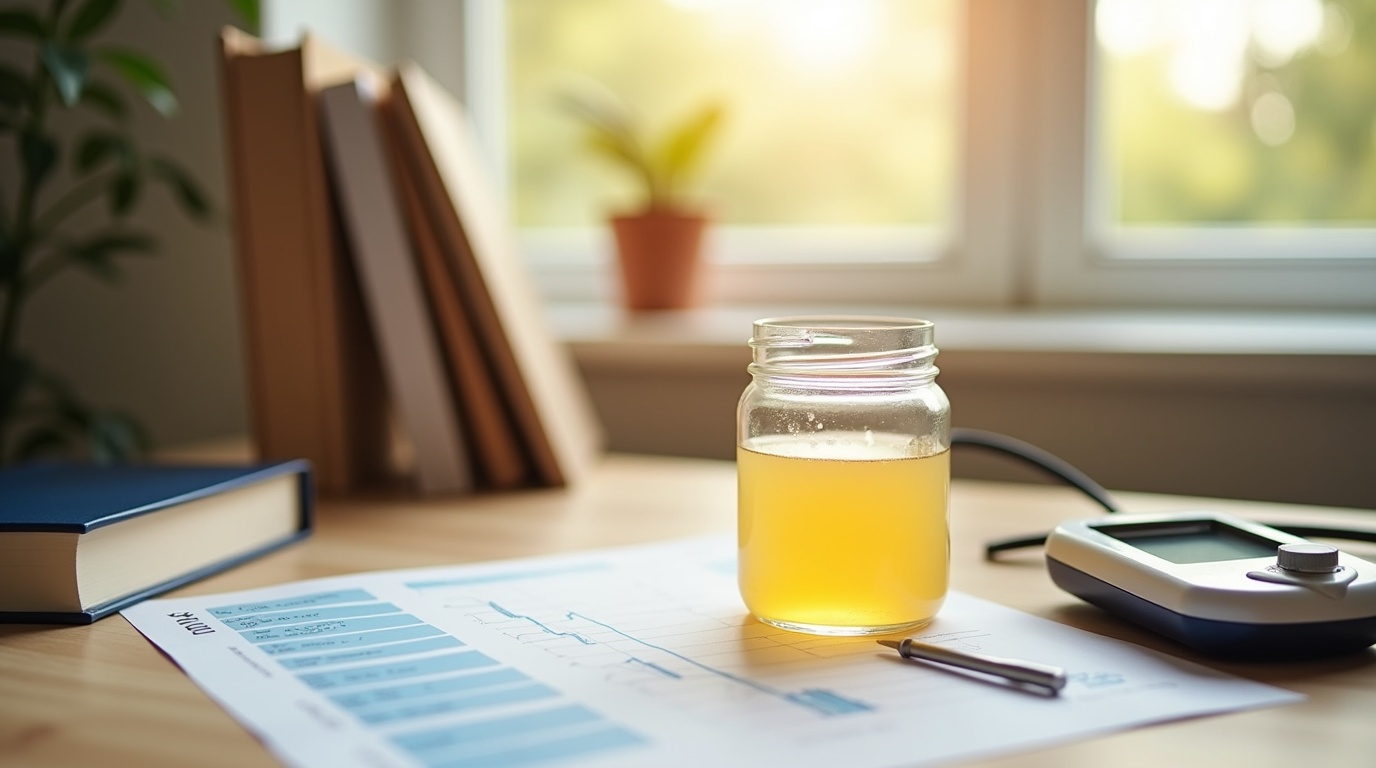 Flacon de berbérine et graphique HbA1c sur une table, scène éducative