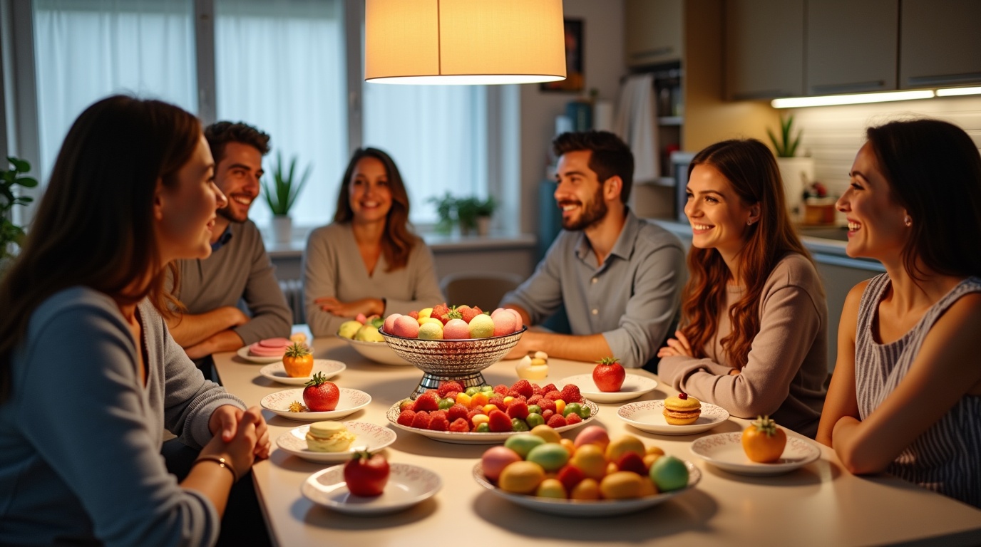 Groupe d'amis dégustant des douceurs sucrées dans une cuisine moderne.